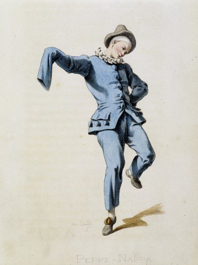 Peppe Nappa (Pierrot tai Peppe-Nappa) piirtää teoksesta "Masques et bouffons" (italialainen komedia), teksti ja piirustukset Maurice Sand, vedokset A. Manceau, esipuhe Georges Sand, Paris, Michel Lévy Frères tekijältä Maurice Sand