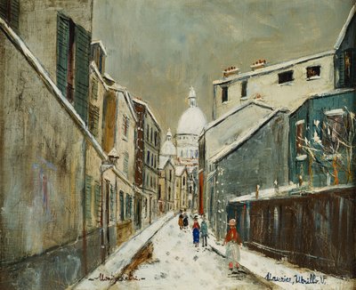 Rue St. Rustique sous la Neige, Montmartre, n. 1939 (öljy kankaalle) tekijältä Maurice Utrillo