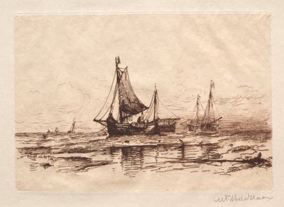 Kalastusveneet rannalla Scheveningenissä. tekijältä Maurits Frederik Hendrik De Haas
