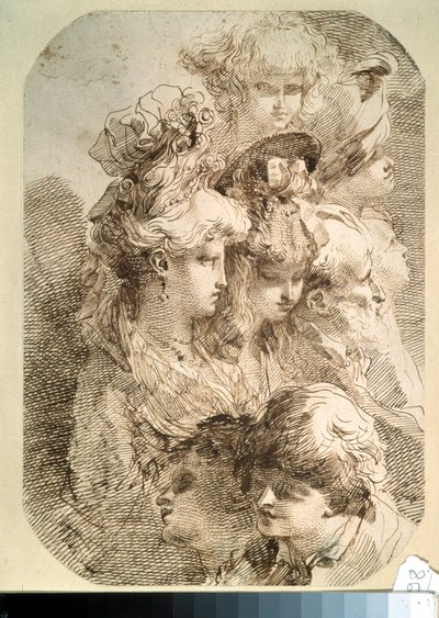 Kahdeksan pään tutkimus. (Kahdeksan pään tutkimukset). Mauro Gandolfin (1764-1834) piirros. italialaista taidetta. Kynä ja ruskea intialainen muste paperille. Pushkin-museo, Moskova tekijältä Mauro Gandolfi