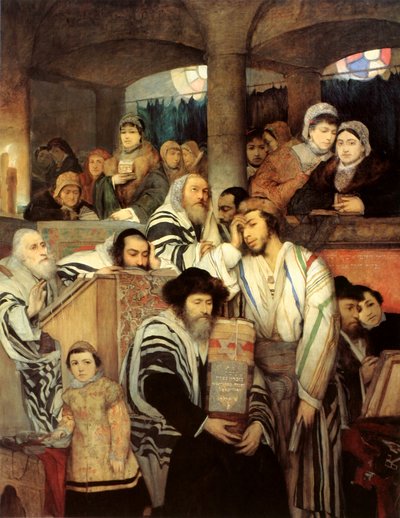 Juutalaiset rukoilevat synagogassa Jom Kippurina tekijältä Maurycy Gottlieb