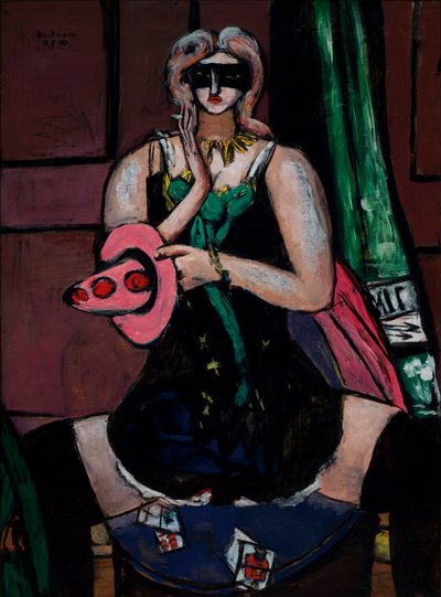 Karnevaalinaamio, vihreä, violetti ja vaaleanpunainen (Columbine) tekijältä Max Beckmann