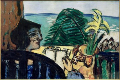 Nainen lukemassa meren rannalla tekijältä Max Beckmann