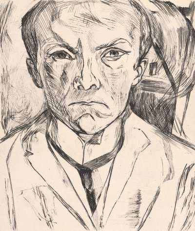Omakuva edestä, taustalla talon pääty tekijältä Max Beckmann