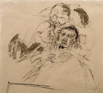 Sairaanhoitaja ja mieshahmo, kumartunut sairaan ihmisen päälle tekijältä Max Beckmann