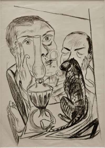 Omakuva kissalla ja lampulla tekijältä Max Beckmann