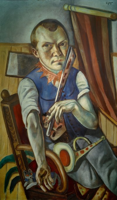 Omakuva pinnasängyllä ja trumpetilla (omakuva klovnina) tekijältä Max Beckmann
