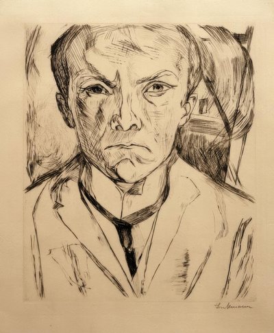 Omakuva edestä, talon pääty taustalla tekijältä Max Beckmann