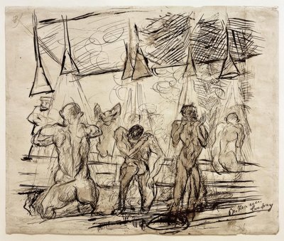 Sotilaiden kylpy - sotilaat suihkussa tekijältä Max Beckmann