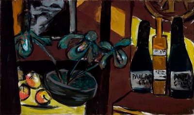 Asetelma ruskealla ja keltaisella (samppanjapullot ja orkideat) tekijältä Max Beckmann