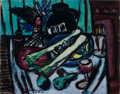 Asetelma Chianti-pullon ja sellerin kanssa tekijältä Max Beckmann