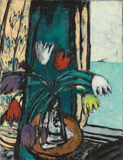 Asetelma tulppaanien kanssa ja merinäköala tekijältä Max Beckmann