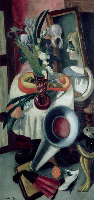 Asetelma gramofonin ja iiristen kanssa tekijältä Max Beckmann