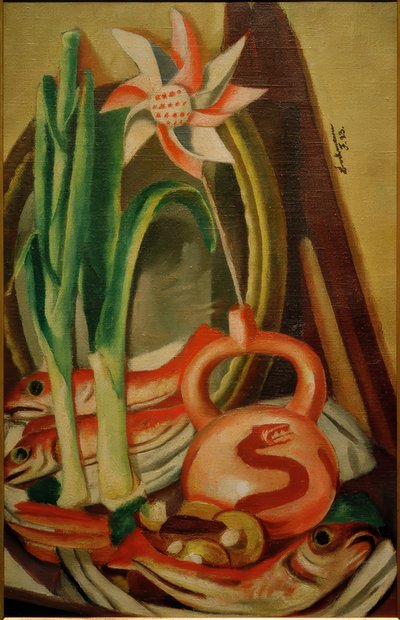 Asetelma kalan ja paperikukka kanssa tekijältä Max Beckmann