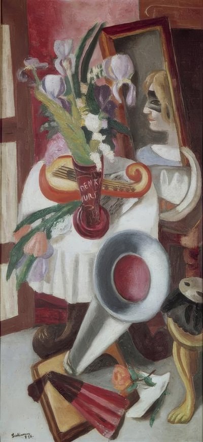 Asetelma gramofonin ja iiristen kanssa tekijältä Max Beckmann