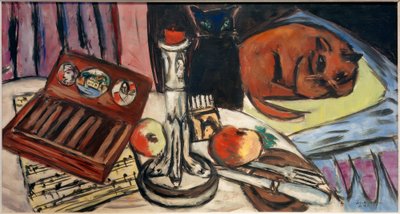 Asetelma hopeisella kynttilänjalalla (asetelma kissojen kanssa) tekijältä Max Beckmann