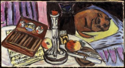 Asetelma hopeisella kynttilänjalalla (asetelma kissojen kanssa) tekijältä Max Beckmann