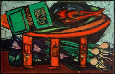 Asetelma vihreällä kirjalla ja retiisillä tekijältä Max Beckmann