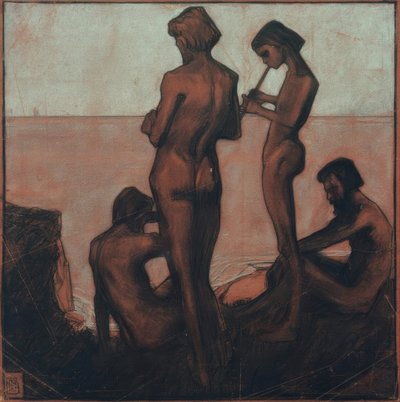 Neljä nuorta miestä meren rannalla (Nuoret miehet meren rannalla - Neljä mieshahmoa meren rannalla) tekijältä Max Beckmann