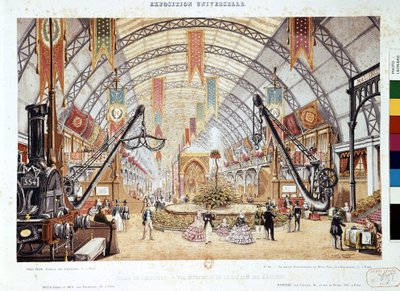 Exposition Universelle 1855: Sisäkuva Palais de l"Industrien konehuoneesta, 1855 tekijältä Max Berthelin