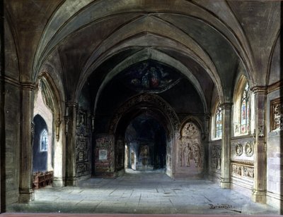 Sisustus "" Die Meistersinger"" tai "" Les maitres singteurs de Nuremberg"", Richard Wagnerin ooppera. Brucknerin lavastus, näytös I. Wagner Museum Bayreuth. tekijältä Max Bruckner