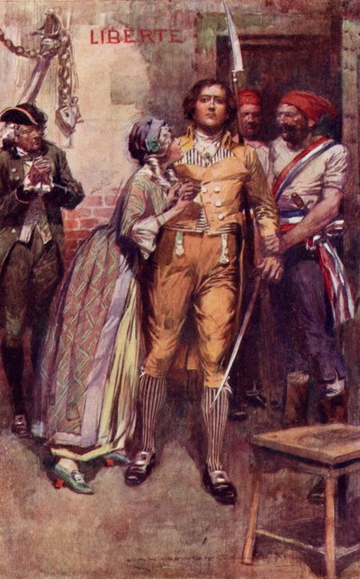 Lucy jättää jäähyväiset Sydney Cartonille, joka on kirjasinkappale Charles Dickensin "A Tale of Two Cities" -teoksesta (väri litho) tekijältä Max Cowper