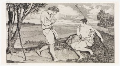 Apollo ja Daphne I (Ovidiuksen uhrien pelastamisia, opus II, lehti 10) tekijältä Max Klinger