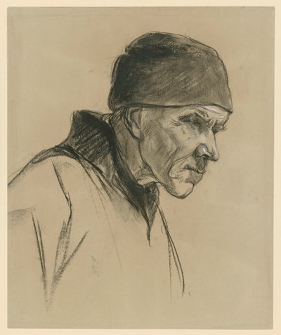 Vanha mies lakki päässä (rintakuva, profiili oikealle), tutkielma teokseen: Kävelevä talonpoika (1894) tekijältä Max Liebermann