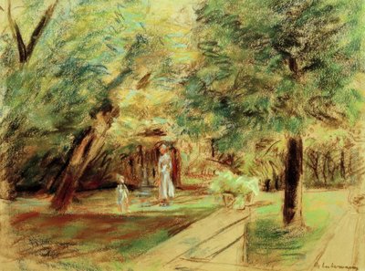 Tyttärentytär lastenhoitajan kanssa pensaspuutarhojen edessä tekijältä Max Liebermann