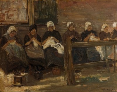 Tyttöjen ompelu Huyzenissa - Opiskelu seitsemällä hahmolla. 1889 tekijältä Max Liebermann