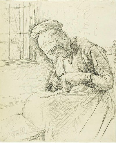 Vanha nainen korjaamassa ikkunassa tekijältä Max Liebermann