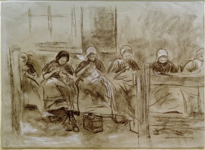 Kuusi ompelevaa hollantilaistyttöä talon seinän edessä tekijältä Max Liebermann