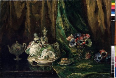 "Asetelma posliinilla ja kukilla" (Asetelma posliinilla ja kukilla) Max Mullerin (1871-1938) maalaus (ym. kaikki) Öljy kankaalle. Mikalojus Konstantinas Ciurlionisin taidemuseo, Kaunas, Liettua tekijältä Max Müller