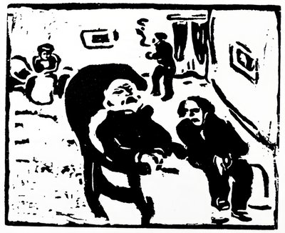 Puupiirros, joka kuvaa ihmisiä istumassa oleskelutilassa tekijältä Max Pechstein