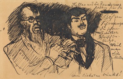Drei Lenbach-Karikaturen: a) Brustbild; b) Ganzfigur; c) zusammen mit Stuck tekijältä Max Slevogt