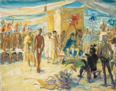 Fernando Cortez ennen Meksikon keisaria Montezumaa. 1917 tekijältä Max Slevogt