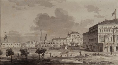 Moskovan Kreml ennen Suuren Kremlin palatsin rakentamista, 1817 tekijältä Maxim Nikiphorovich Vorobyev