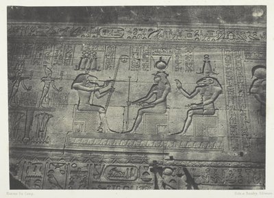 Denderahin suuri temppeli (Teutyres), veistoksia takajulkisivusta; Ylä-Egypti, levy 19 albumista "Egypte, Nubie, Palestine et Syrie" (1852). tekijältä Maxime Du Camp