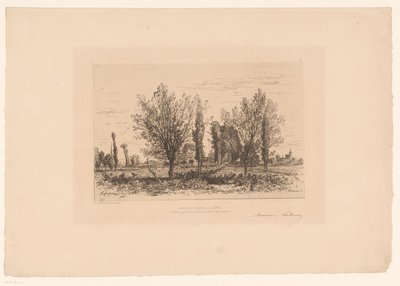 Maisema niityllä ja näkymä kaupunkiin Tanssi Les Champs de Cenon. (otsikko esineessä) tekijältä Maxime François Antoine Lalanne (signed by artist)