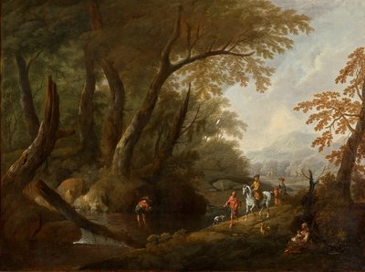 Metsämaisema, jossa vettä vasemmalla tekijältä Maximilian Joseph Schinnagl