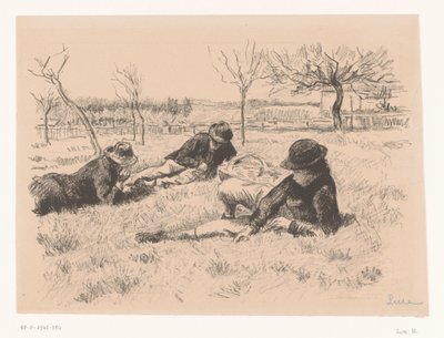 Kolme miestä lepää niityllä tekijältä Maximilien Luce (signed by artist)