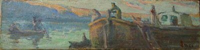 Jokimaisema proomulla ja veneillä tekijältä Maximilien Luce