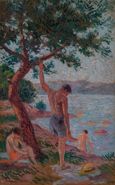 Saint-Tropez, uimareita mäntymetsän alla tekijältä Maximilien Luce
