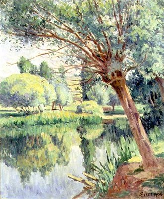 Presbytery ja Willow joen rannalla tekijältä Maximilien Luce