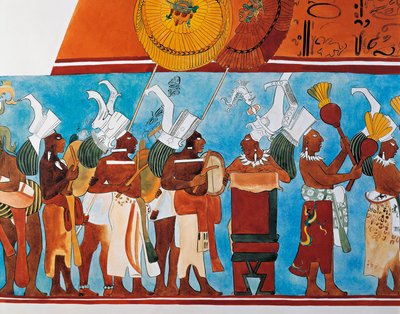 Bonampakin freskojen jälleenrakennus, jossa näkyy muusikoiden kulkue (seinämaalaus) tekijältä Mayan