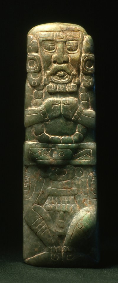 Hieroglyfiportaiden alas vievään vihkimykseen sijoitettu pienoispatsas, Copan, myöhäisklassinen kausi (600-900) (jade). tekijältä Mayan