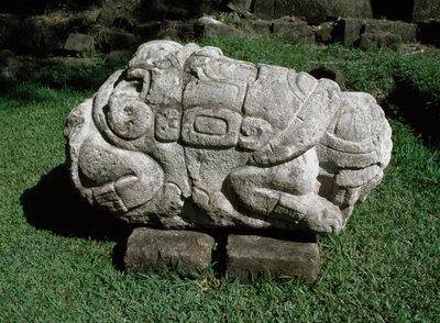 Zoomorfinen alttari, joka on kaiverrettu gres-lohkoon tekijältä Mayan