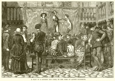 Näytelmä lontoolaisessa majatalon pihapiirissä, Elisabetin aikakaudella. tekijältä McLaren John Ralston