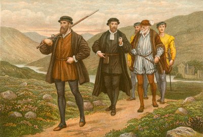 John Knox kantaa miekkaa George Wishartin edessä Dundeen murhayrityksen jälkeen (värillinen kaiverrus). tekijältä McLaren John Ralston