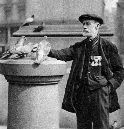 Vanha sotilas kyyhkysten kanssa, Trafalgar Square, Lontoo, 1926-1927. tekijältä McLeish